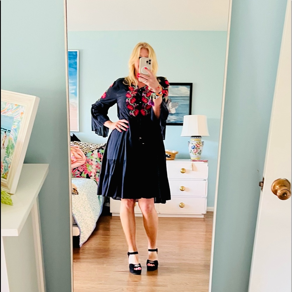 NWT Figue Navy Embroidered High Low MIDI Dress Size L